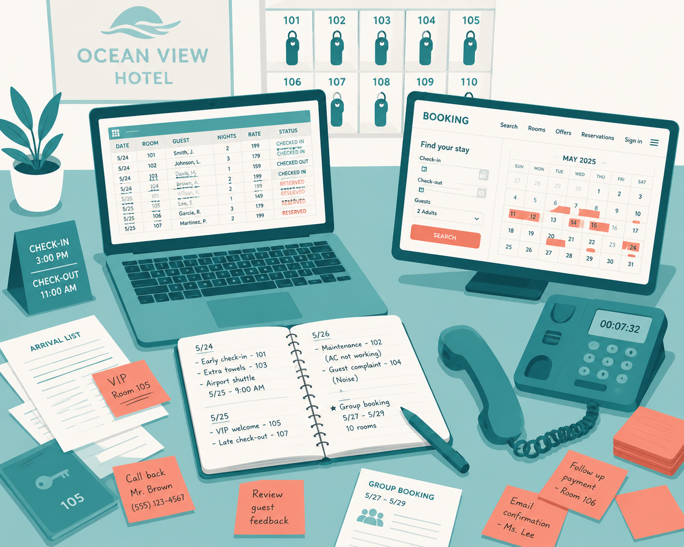 Illustration of a cluttered hotel front desk with scattered tools representing the problem hotel software solves