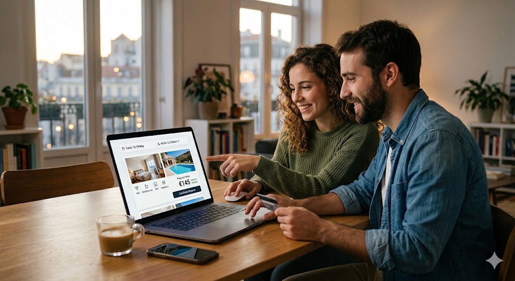 Page de réservation client affichant le sélecteur de dates, la recherche de chambres et la disponibilité en temps réel