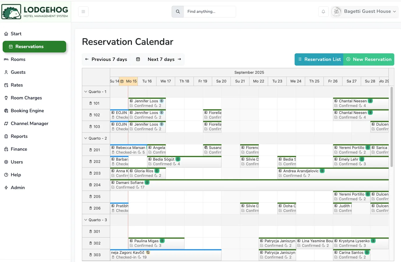 Calendrier des réservations du PMS LodgeHog affichant les prochaines réservations